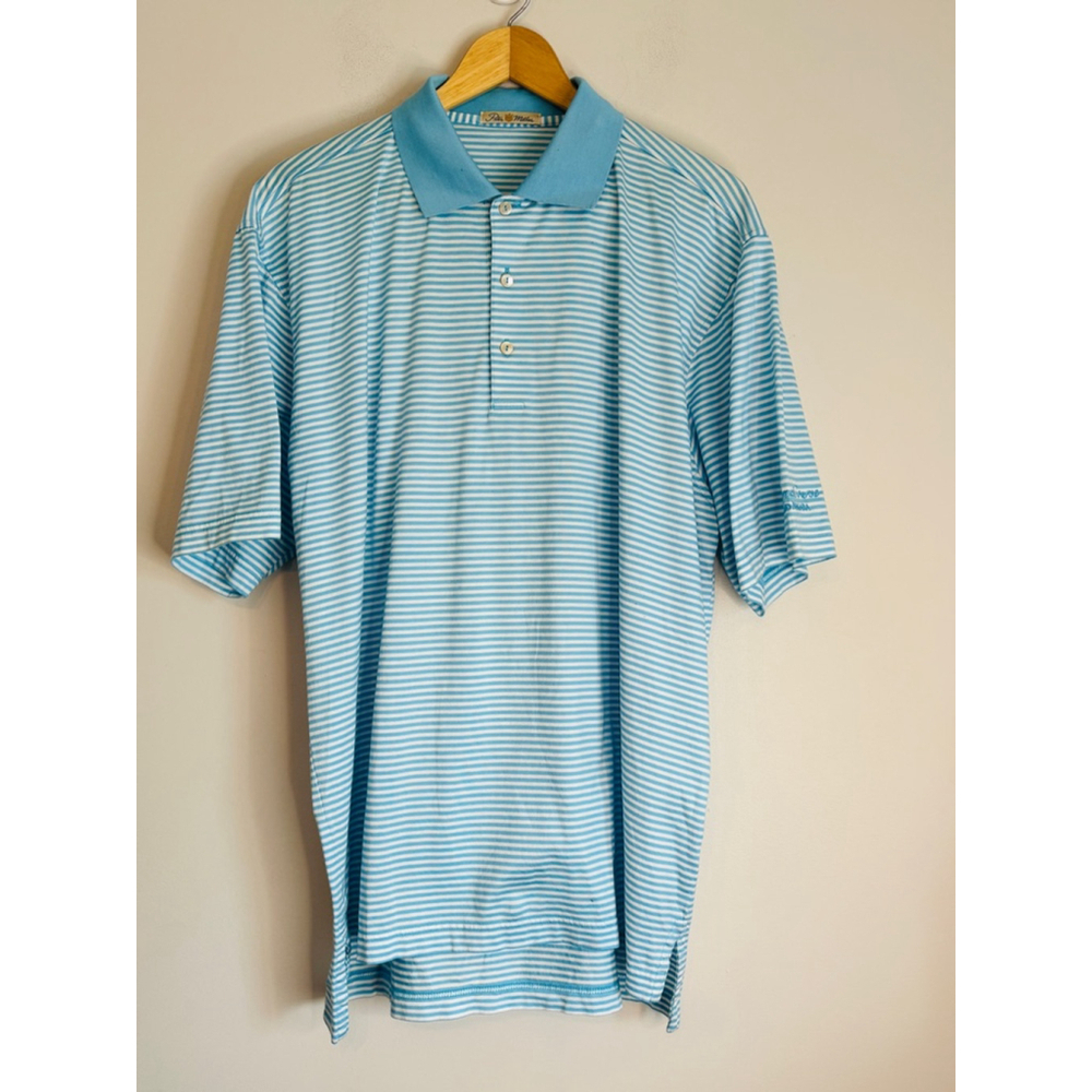 Peter Millar Men's Large Blue Striped Short Sleeve Polo Shirt